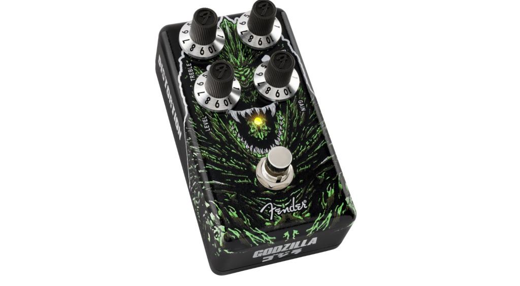 Педаль эффекта Fender Godzilla Distortion с четырьмя регуляторами и графикой монстра