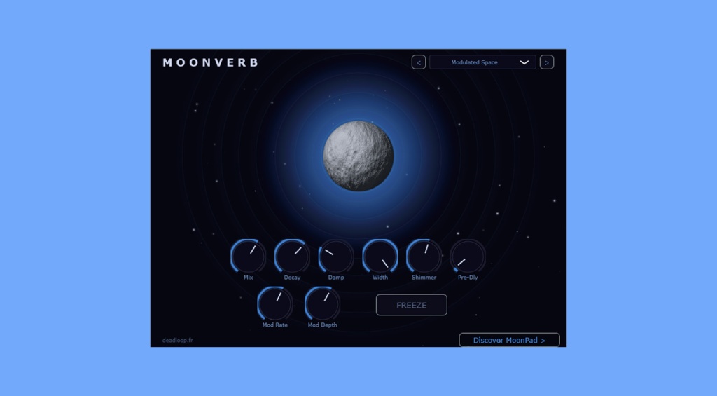 Интерфейс бесплатного плагина реверберации Moonverb с регуляторами Shimmer и Freeze