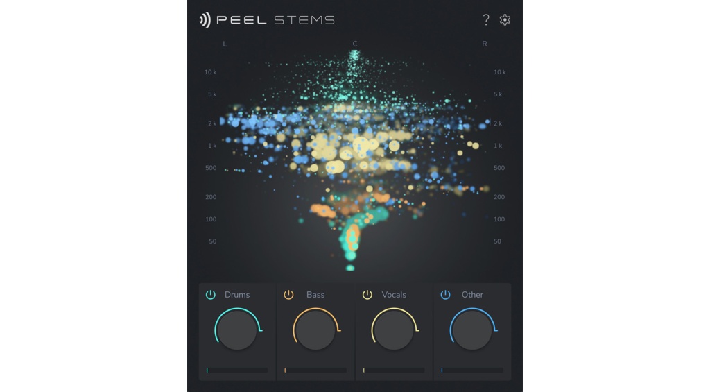 Интерфейс плагина PEEL STEMS 2 с настройками частот и слайдером изоляции