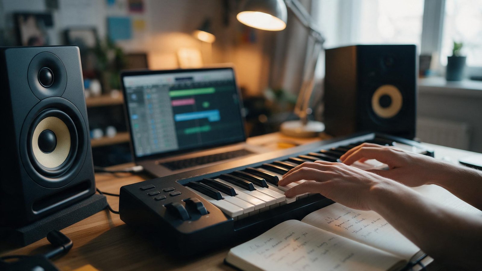 Руки музыканта на MIDI-клавиатуре в домашней студии, на экране размытый интерфейс